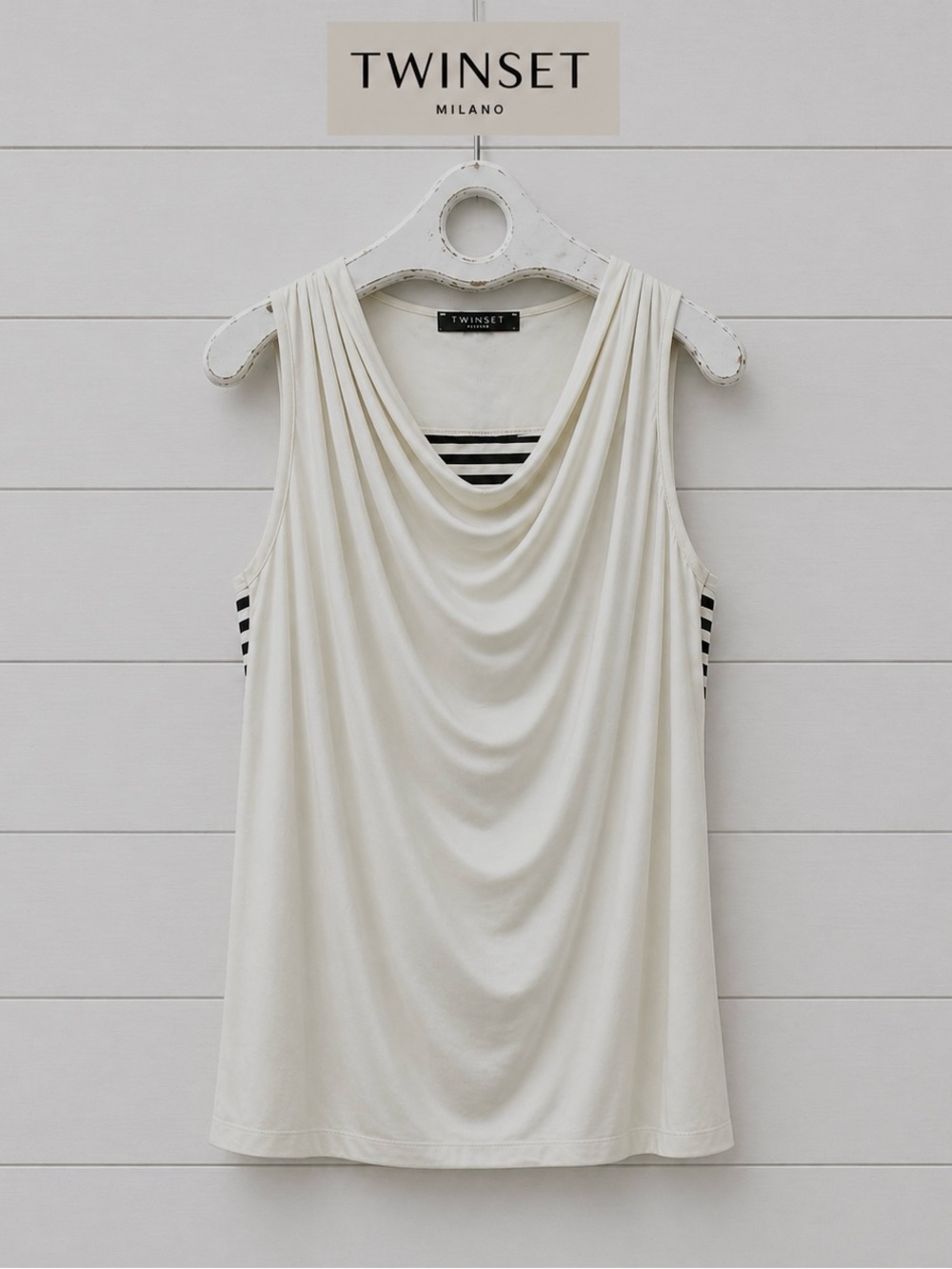 TWIN-SET SIMONA BARBIERI – Ivory & Black Striped Drape-Front Top – Size L